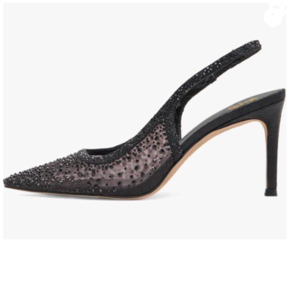 XYD Black Slingback High Heels Dazzled Rhinestones Studs Mesh Pointed Toe Pumps - Picture 1 of 8
